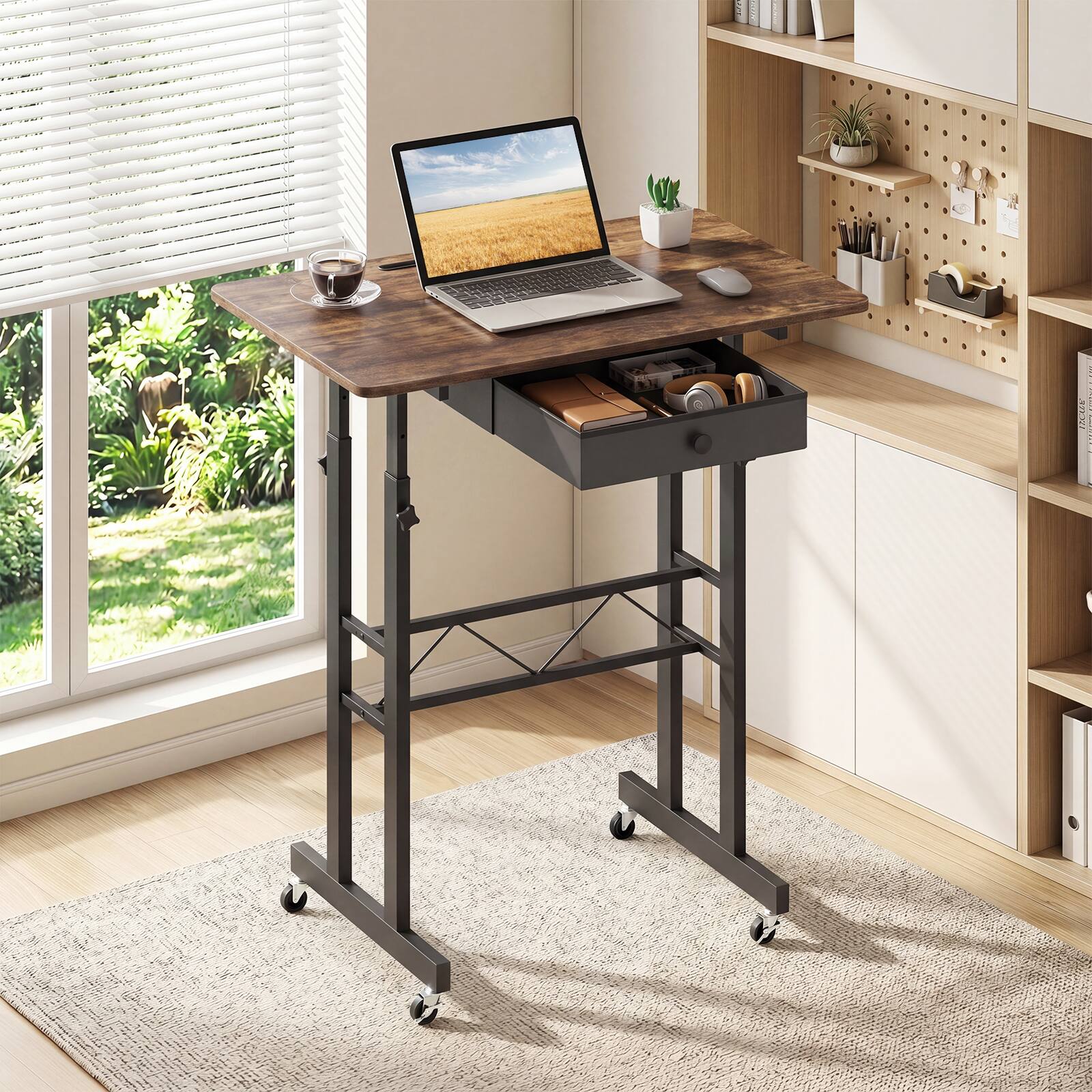 Alt View 1. Costway - Costway Standing Desk, Height Adjustable Laptop Desk with Fabric Drawer, Tablet Holder - Rustic Brown & Black.
