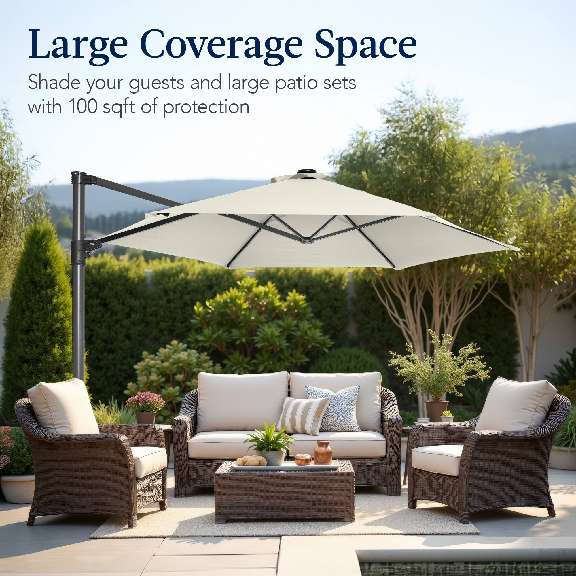 Large Coverage Space

Shade your guests and large patio sets with 100 sqft of protection.
