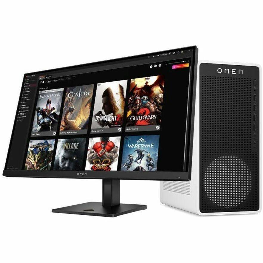 Here is the corrected and grouped text from the image:

**Games:**
- Black Desert
- Century
- Dying Light
- Guild Wars 2
- Monster Hunter Rise
- Village
- Warframe

**Other Text:**
- Omen (on the monitor and PC tower)