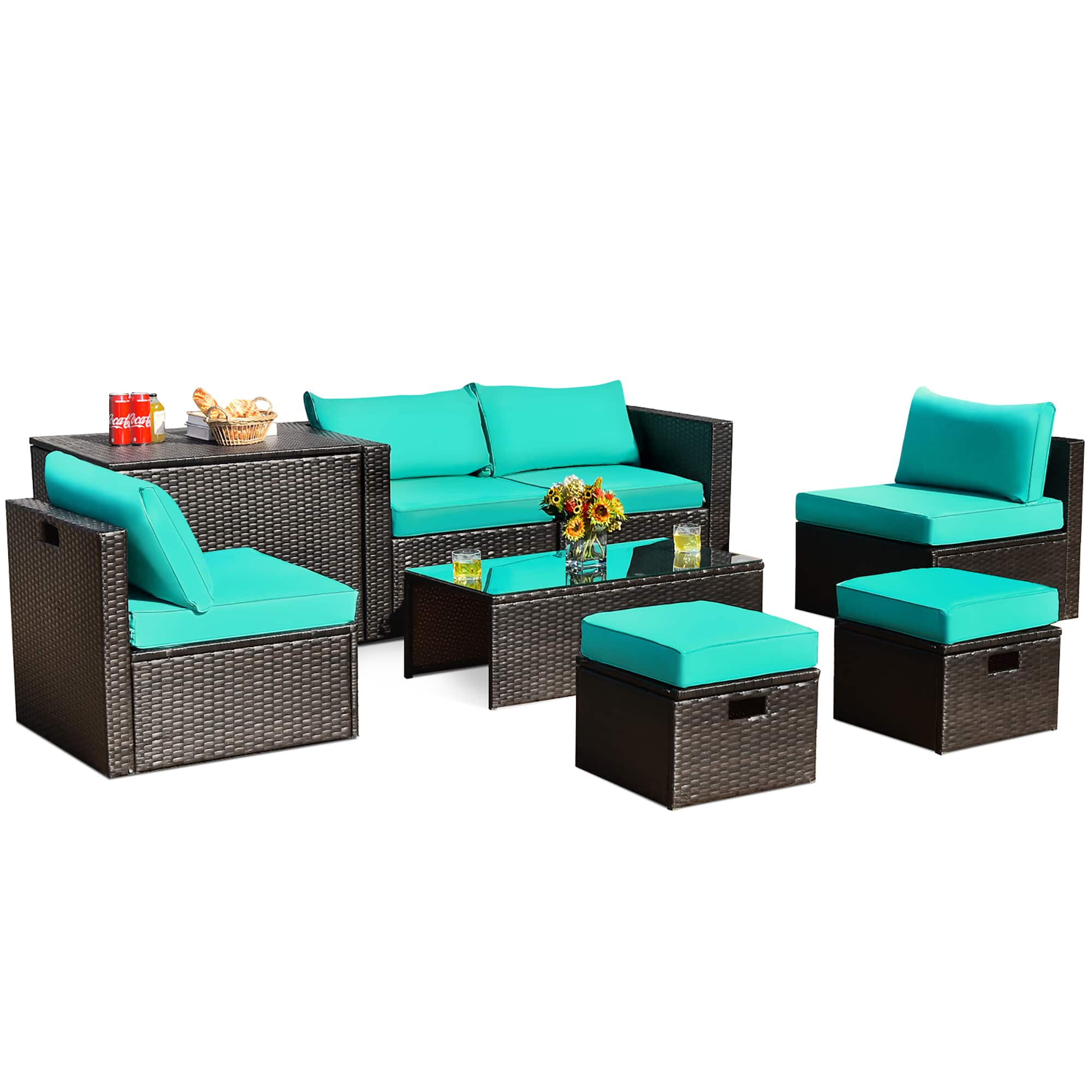 Costway - 8PCS Patio Rattan Furniture Set Space-Saving Storage Cushion cover - Turquoise