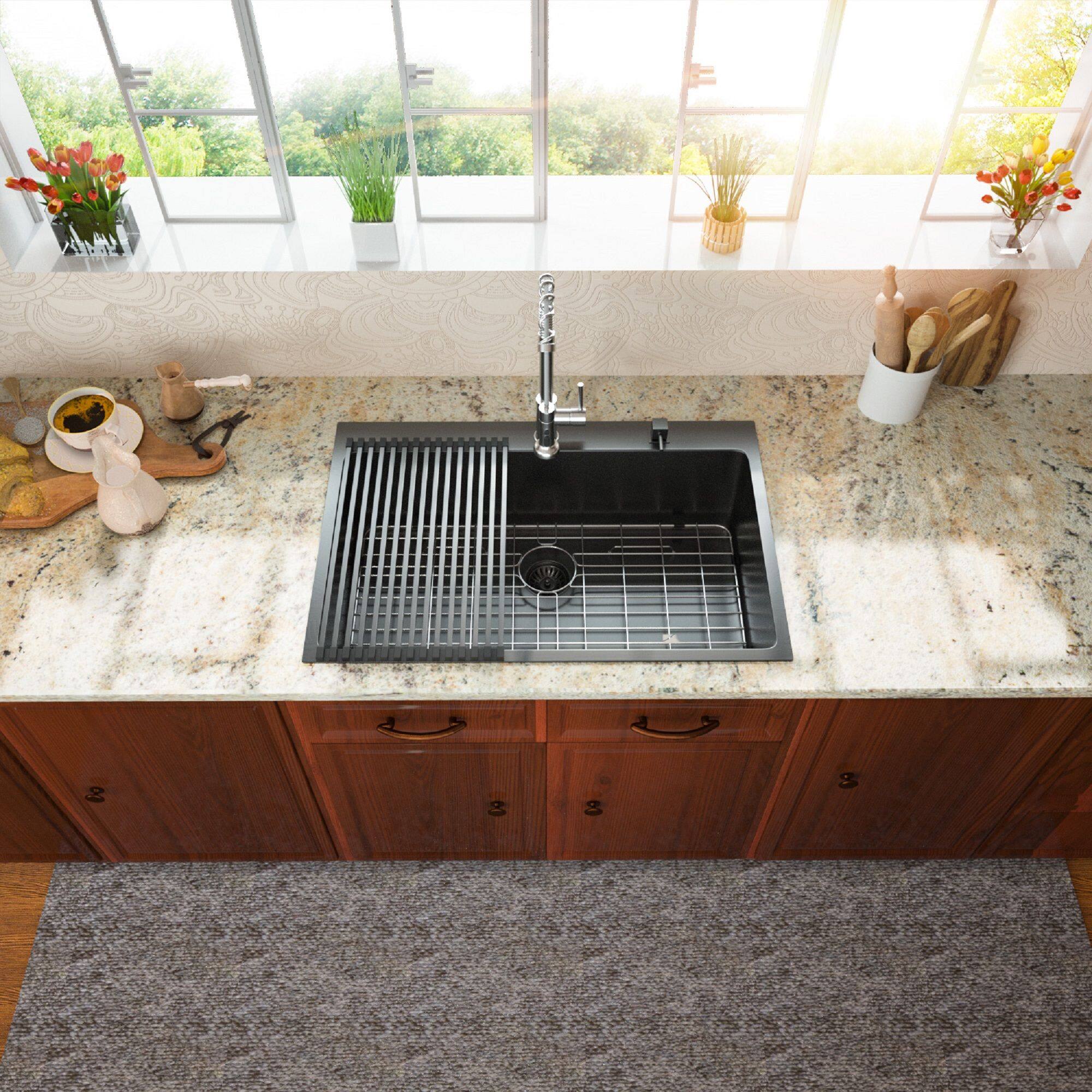 Left. Lordear - 33"x22"x10" Topmount Gunmetal Black Sinks 16 Gauge Single Bowl Stainless Steel Kitchen Sink - Stainless steel.