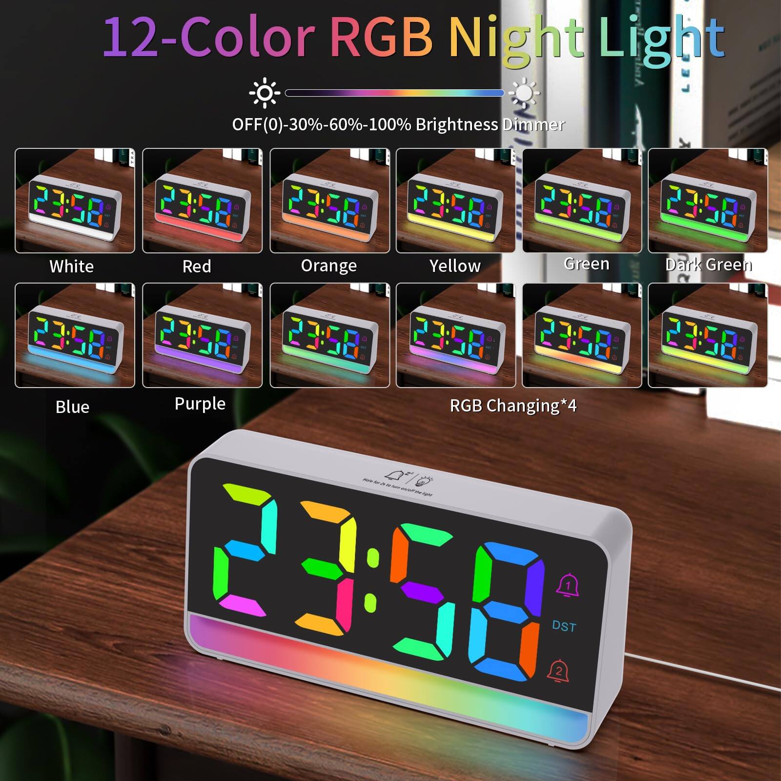 12-Color RGB Night Light

OFF(0)-30%-60%-100% Brightness Dimmer

White Red Orange Yellow Green Dark Green Blue Purple

RGB Changing*4

DST