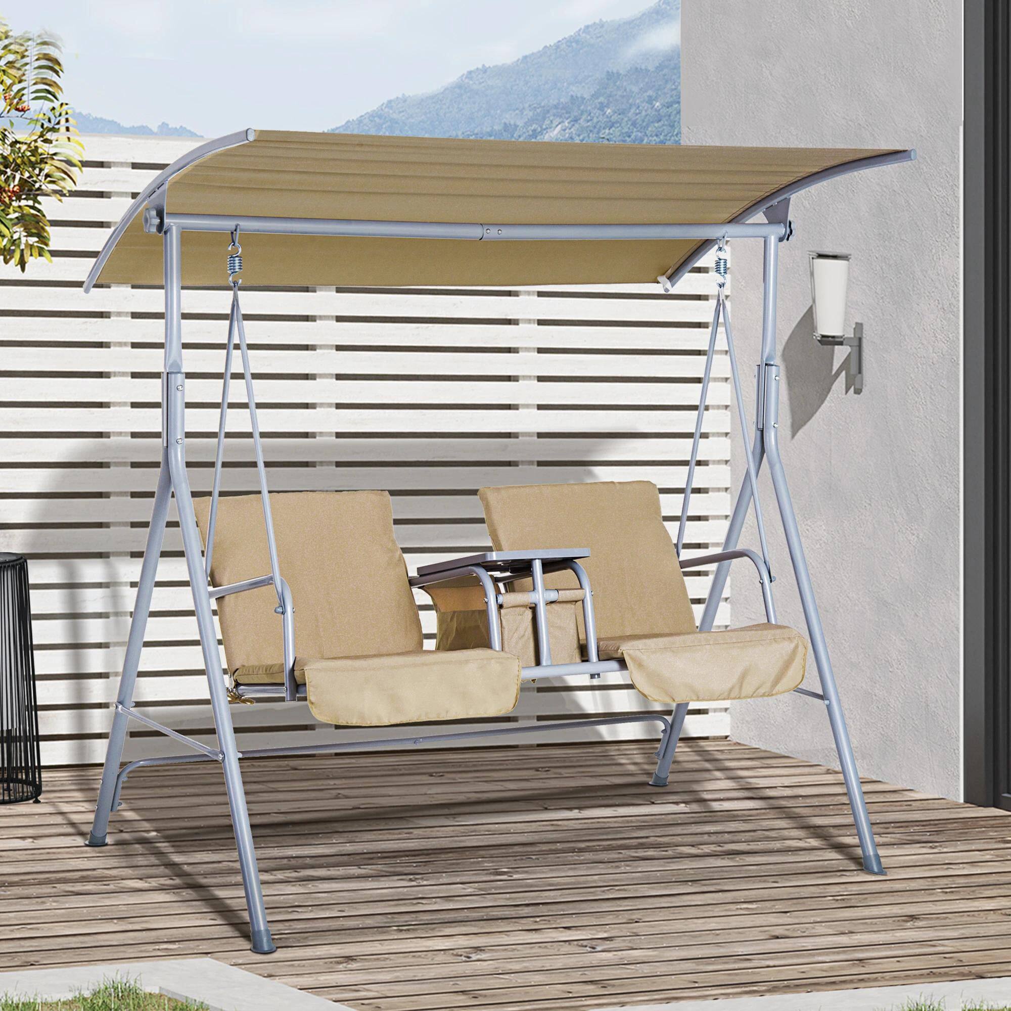 Alt View 7. Resenkos - Resenkos 2-Seater Swing With Canopy & Table, Patio Garden Swing, Poolside Backyard Relaxation, Dark Beige.