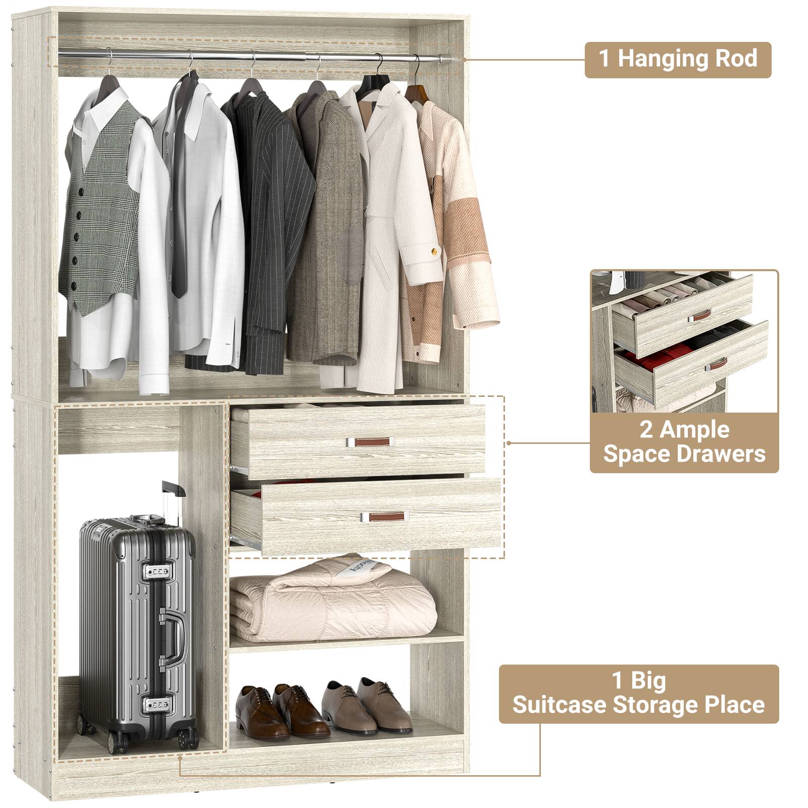 1 Hanging Rod  
2 Ample Space Drawers  
1 Big Suitcase Storage Place