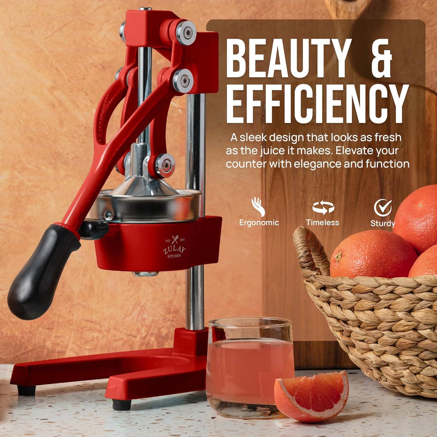 BEAUTY & EFFICIENCY  
A sleek design that looks as fresh as the juice it makes. Elevate your counter with elegance and function  

Ergonomic  
Timeless  
Sturdy  

ZULAY KITCHEN