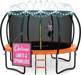 JoyBerri - 14ft Outdoor Trampoline with Enclosure Net LED Lights Sprinkler Ladder for Kids and Adults - Orange