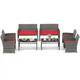 Costway - 8 PCS Patio Conversation Set with Seat Cushions & Tempered Glass Tabletop, Outdoor - Red,Gray