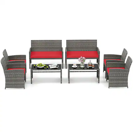 Front. Costway - Costway 8 PCS Patio Conversation Set with Seat Cushions & Tempered Glass Tabletop, Outdoor - Red,Gray.