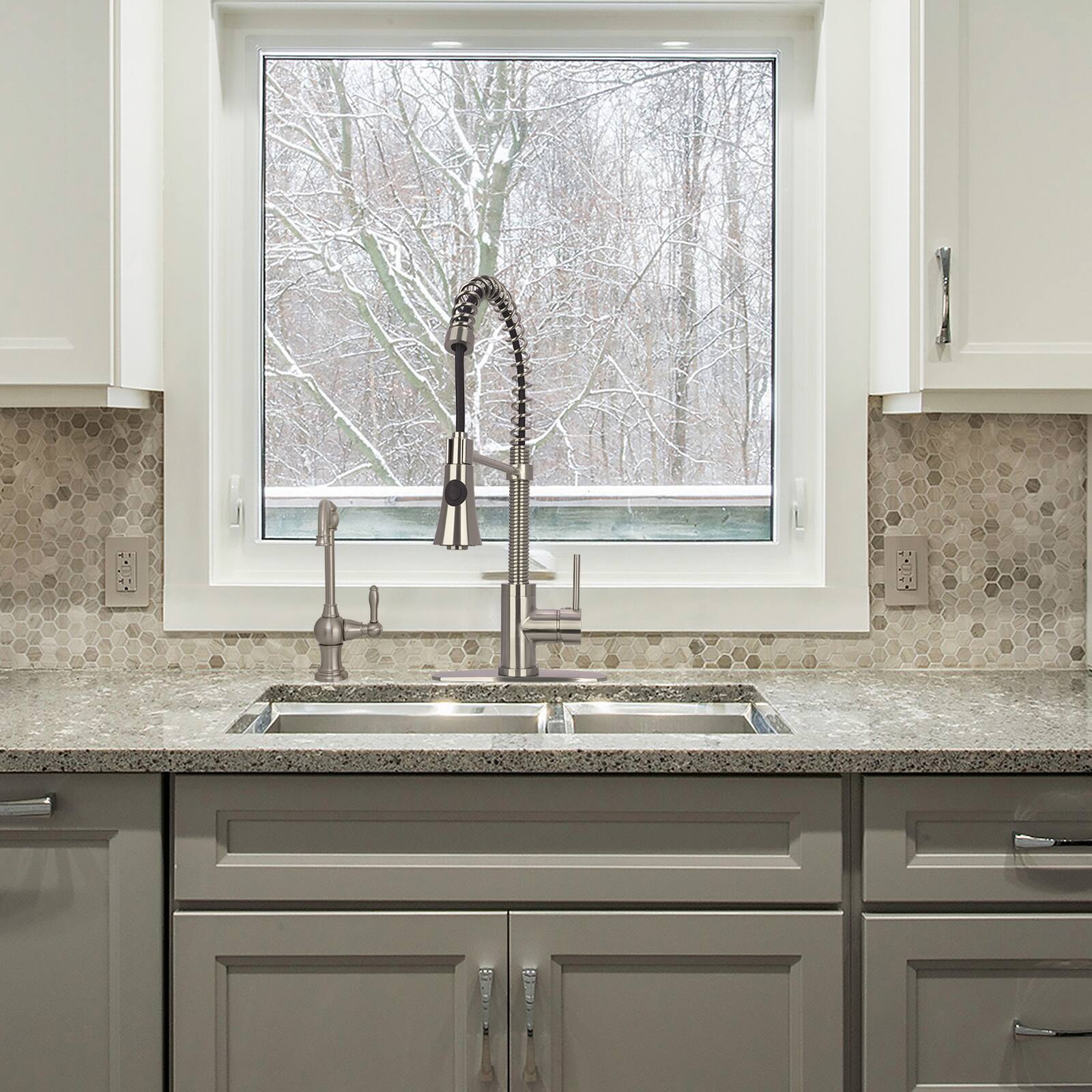 Alt View 5. Akicon - Akicon Pre-Rinse Spring Solid Brass Single Handle Kitchen Faucet with Pull Down Sprayer in Brushed Nickel - Brushed Nickel.