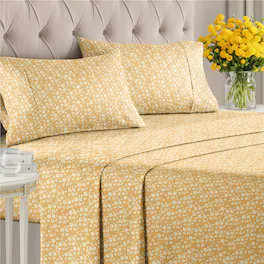 CGK Linens - Luxuriously Soft 4-Piece Floral Sheet Set - Wrinkle-Resistant, Printed Pattern - Queen - Yellow Meadow