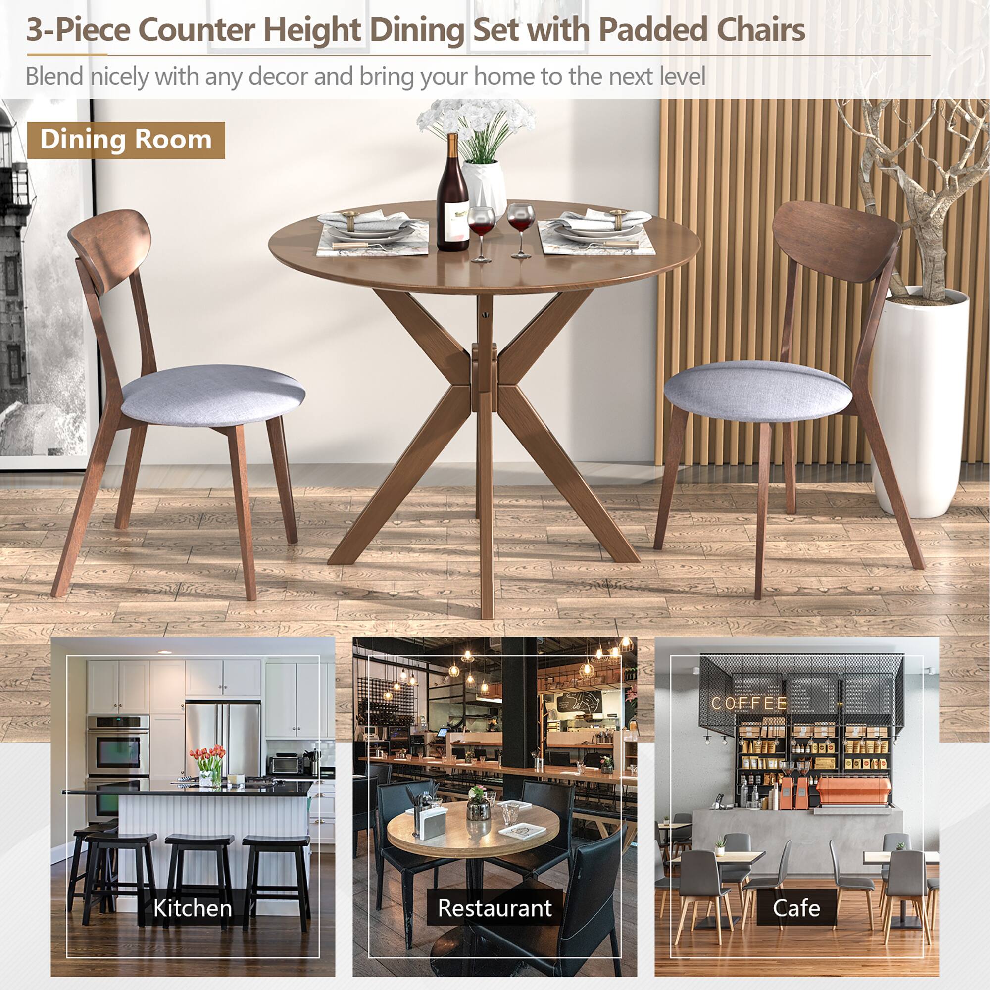 3-Piece Counter Height Dining Set with Padded Chairs

Blend nicely with any decor and bring your home to the next level

Dining Room

Kitchen

Restaurant

Cafe