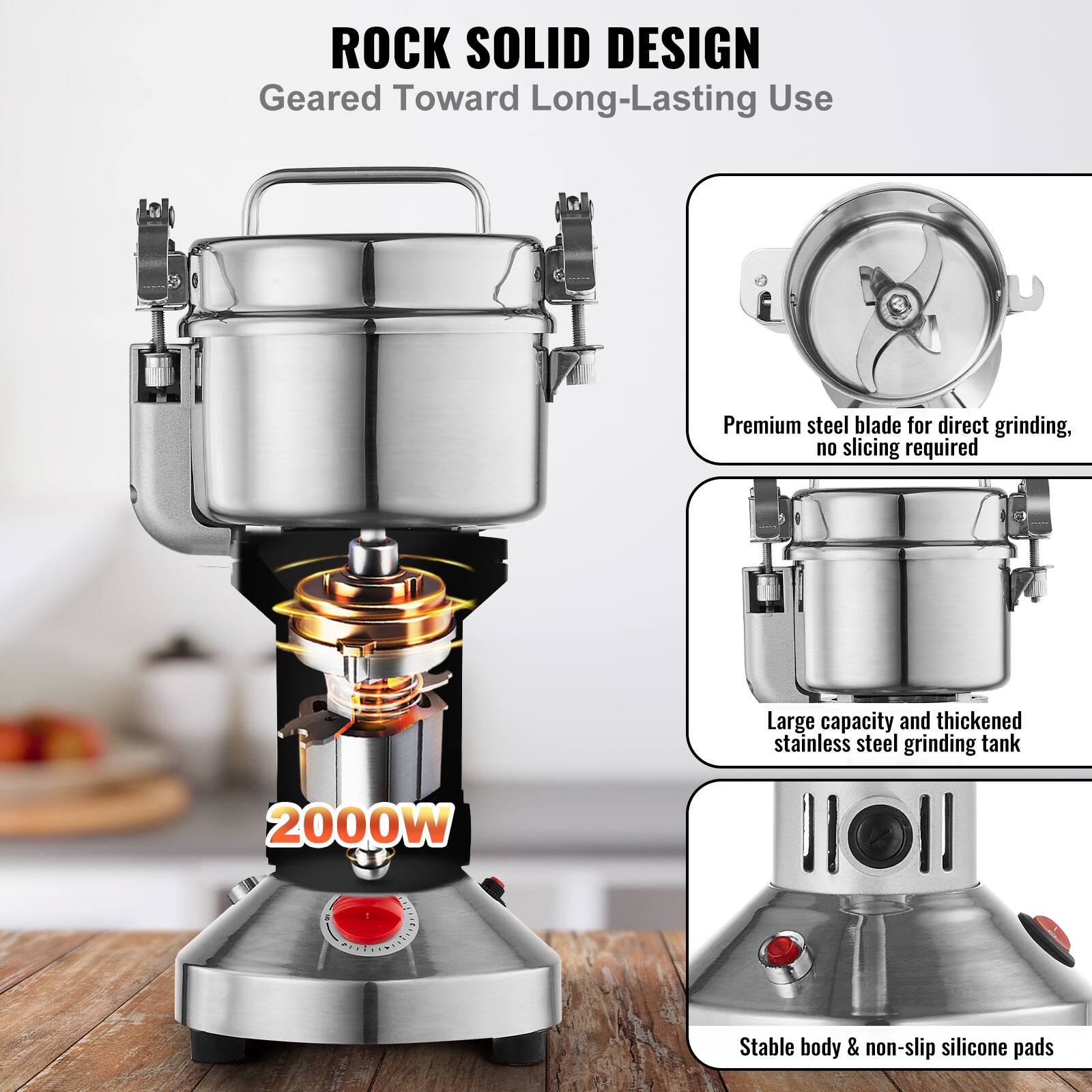 **ROCK SOLID DESIGN**  
Geared Toward Long-Lasting Use

- Premium steel blade for direct grinding, no slicing required
- Large capacity and thickened stainless steel grinding tank
- Stable body & non-slip silicone pads

2000W