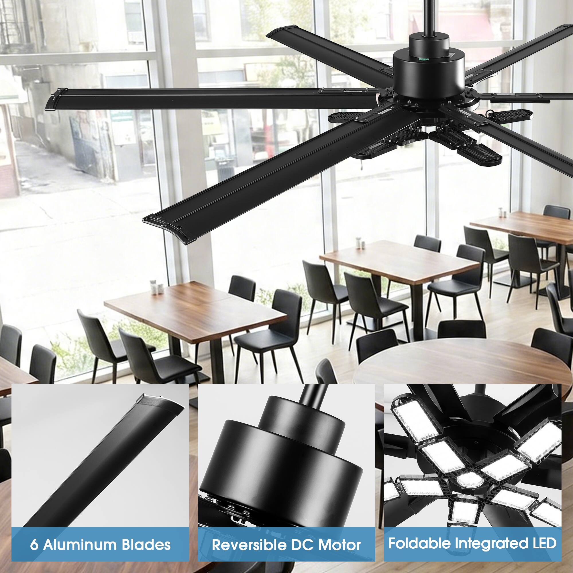 6 Aluminum Blades  
Reversible DC Motor  
Foldable Integrated LED