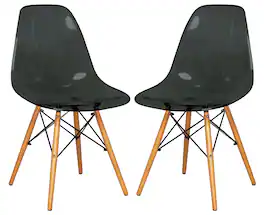 LeisureMod - Dover 2-Piece Modern Molded Plastic Dining Chair Set, Eiffel Base Accent Side Chairs for Kitchen & Dining Room - Transparent Black