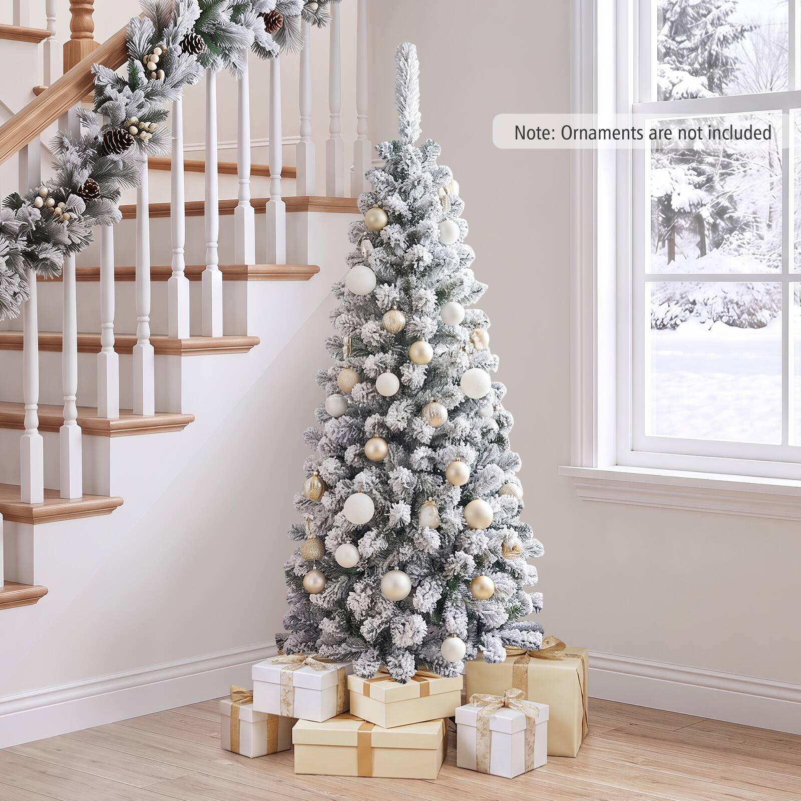 Costway - 4.5Ft Unlit Hinged Snow Flocked Artificial Christmas Tree with 242 Branch - Pencil