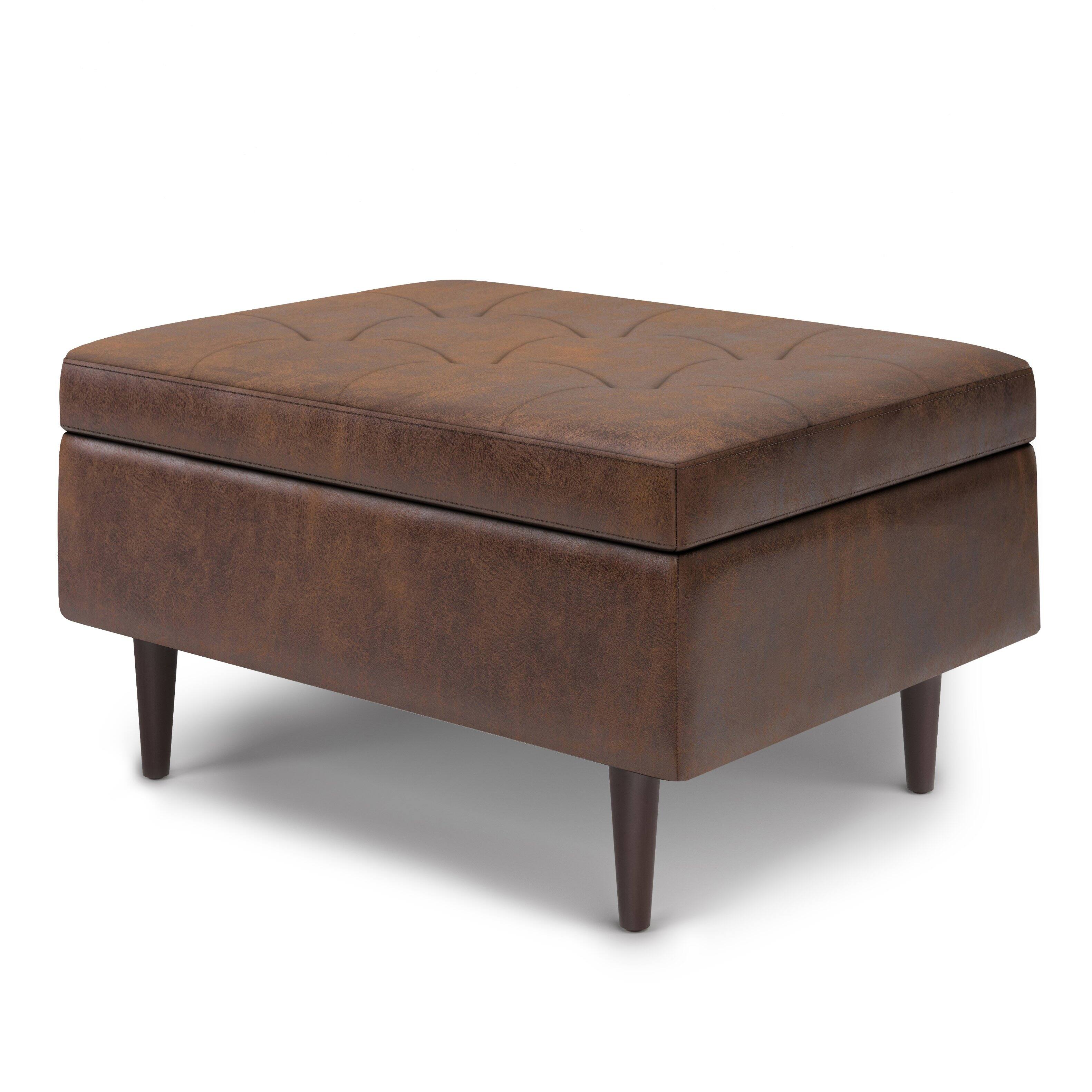 Angle. Simpli Home - Shay Mid Century Small Square Coffee Table Storage Ottoman - Distressed Chestnut Brown.