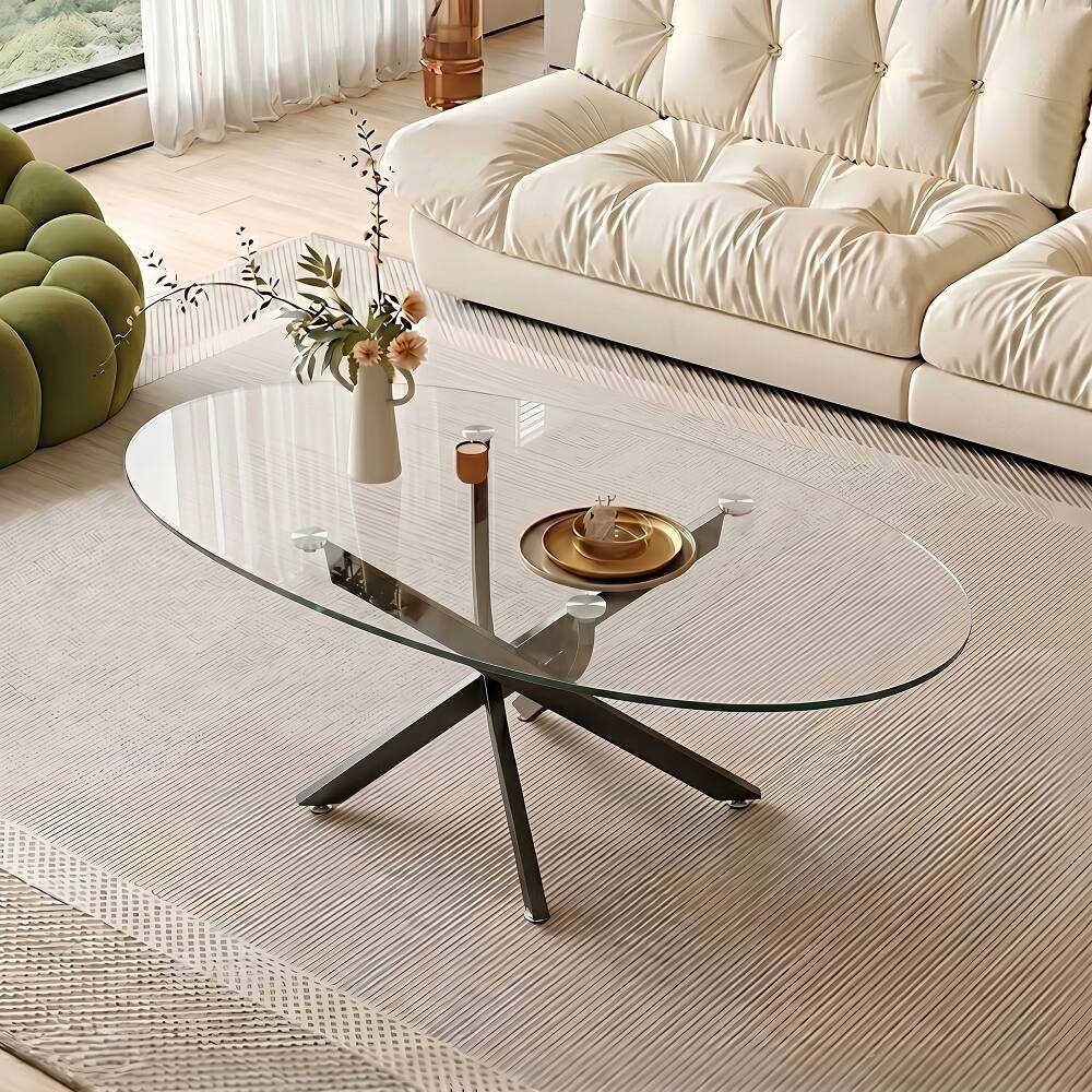 Alt View 6. Loheer - Loheer 39.37" Oval Glass Coffee Table Modern Tea Table with Black Metal Legs - Black.