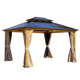 U-HOMY - 11'x13' Wood Double Roof Gazebo - WoodFrame