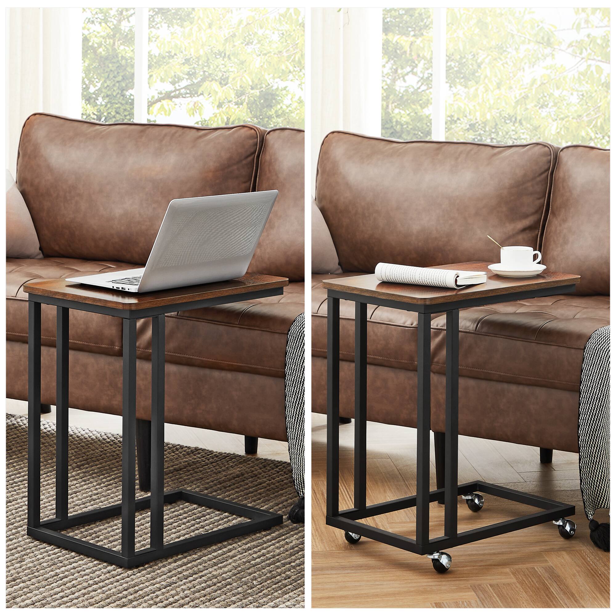 Angle. Songmics Home - End Table, C Shaped TV Tray with Metal Frame Rolling Casters, Industrial Side Table for Living Room Bedroom - Dark Walnut and Black.