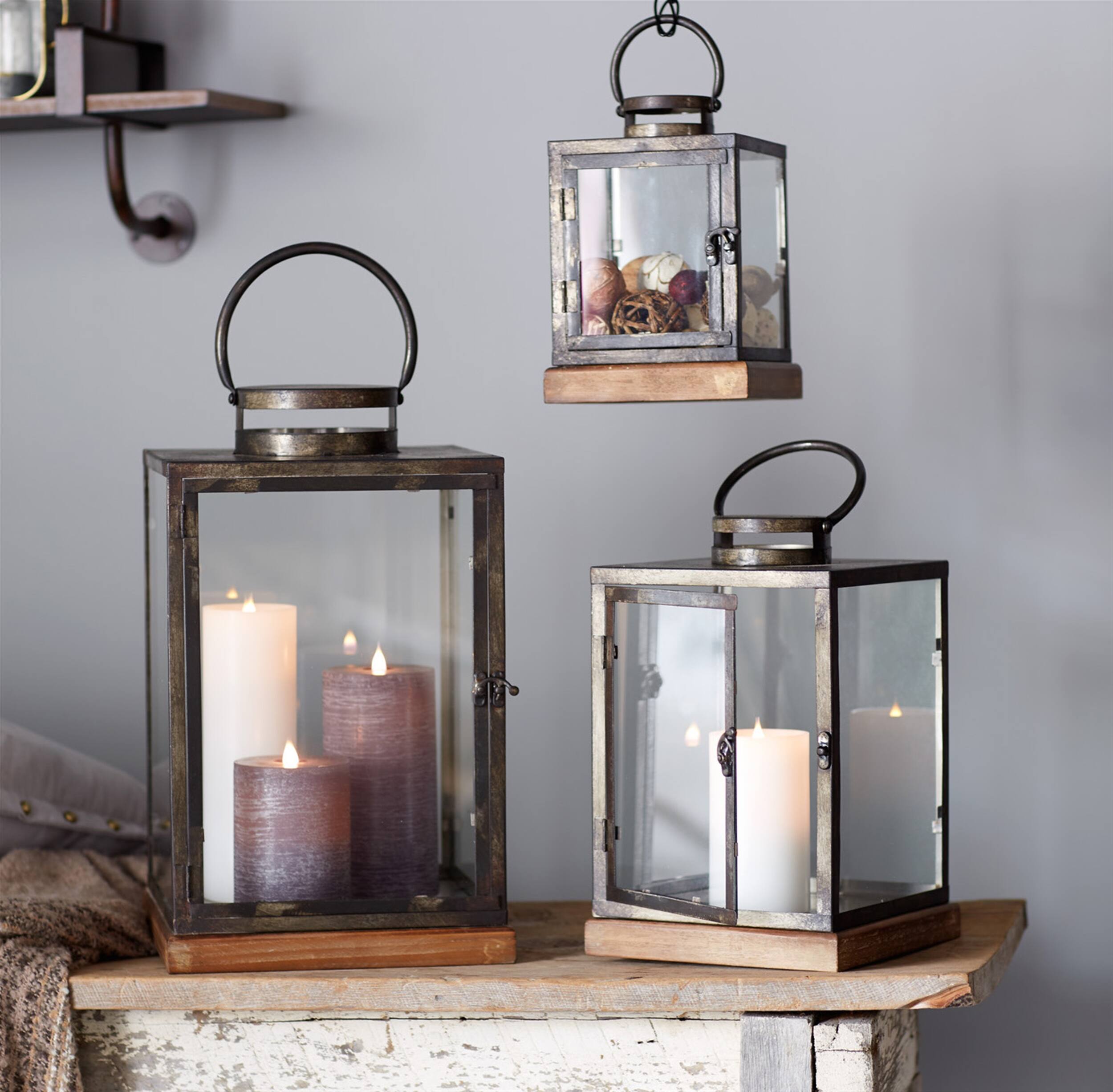 Angle. BreeBe - Metal Box Lantern with Wood Base (Set of 3) - Grey, Grey.