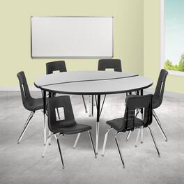 Emma + Oliver - 60" Circle Wave Collaborative Laminate Activity Table Set with 16" Student Stack Chairs, Grey/Black - Gray