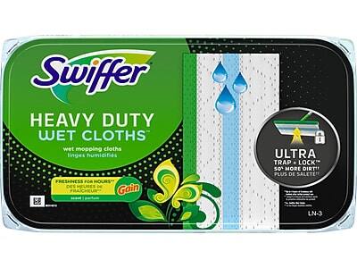 Swiffer HEAVY DUTY WET CLOTHS  
wet mopping cloths  
linges humidifiés  

FRESHNESS FOR HOURS  
DES HEURES DE FRAICHEUR  

Gain  
ULTRA TRAP + LOCK  
50% MORE DIRT!  
PLUS DE SALETÉ!  

LN-3