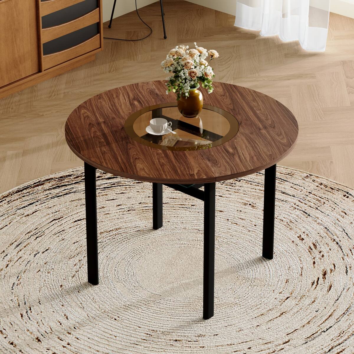 Angle. Loheer - Loheer 42 inch round dining table with brown wood grain top and tea glass inlay - Black and Brown.