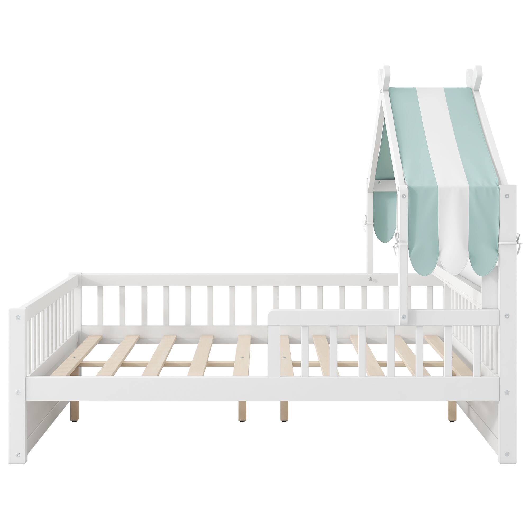 Alt View 2. Whisen - Wooden House Platform Bed with Storage Headboard Shelf and Fabric Canopy - White.