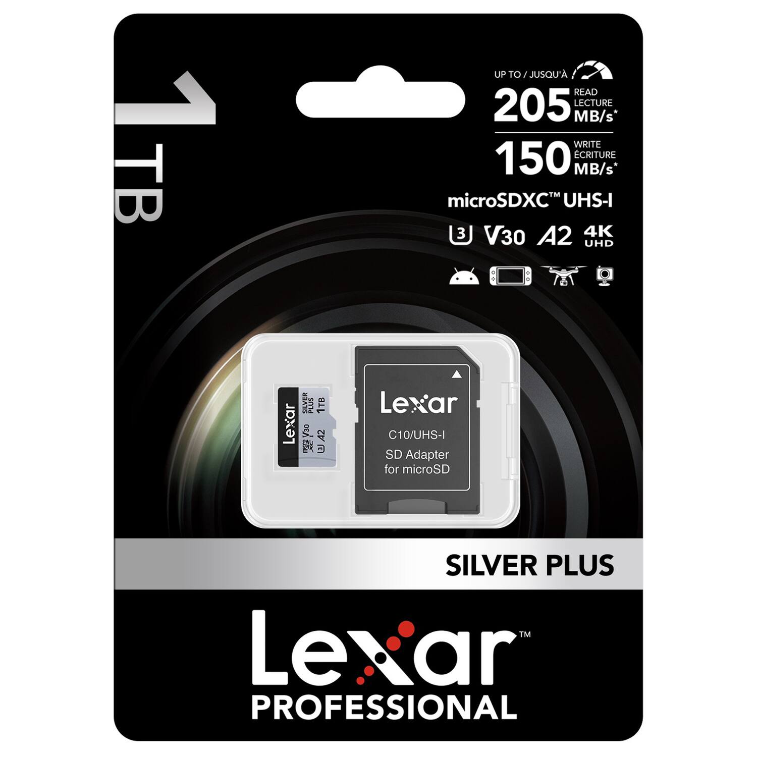 TB UP TO JUSQU' À 205 MB/s READ LECTURE 150 MB/s WRITE ÉCRITURE microSDXC UHS-I 3 V30 A2 4K UHD : SILVER PLUS 1TB Lexar C10/UHS-I SD Adapter for microSD SILVER PLUS TM Lexar PROFESSIONAL