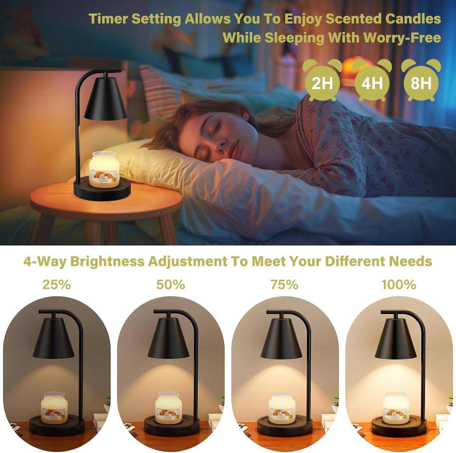 Timer Setting Allows You To Enjoy Scented Candles While Sleeping With Worry-Free

2H 4H 8H

4-Way Brightness Adjustment To Meet Your Different Needs

25% 50% 75% 100%