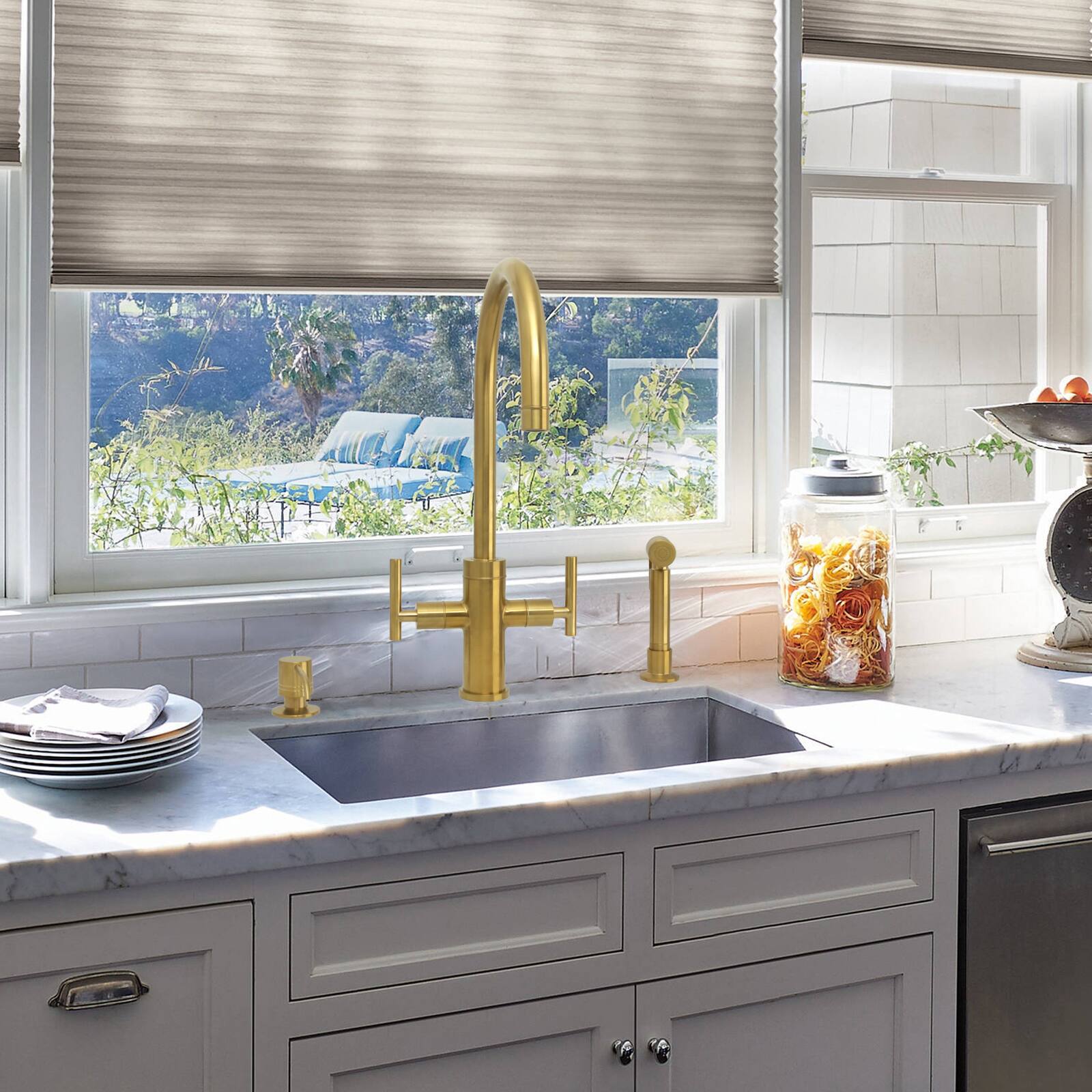 Alt View 5. Akicon - Akicon Two-Handles 360° Swivel Widespread Kitchen Faucet with Side Sprayer in Brushed Gold - Brushed Gold.