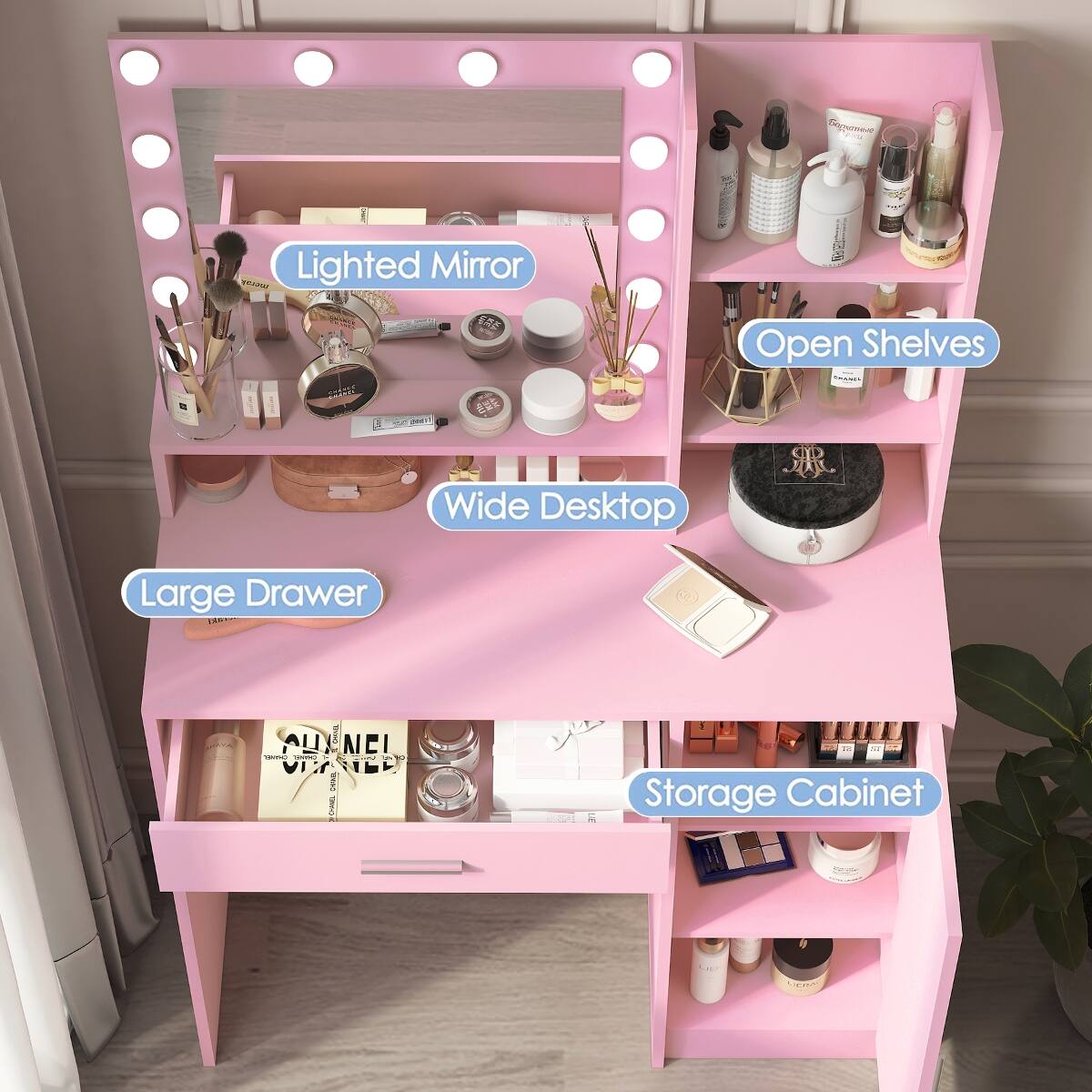 Lighted Mirror  
Open Shelves  
Wide Desktop  
Large Drawer  
Storage Cabinet