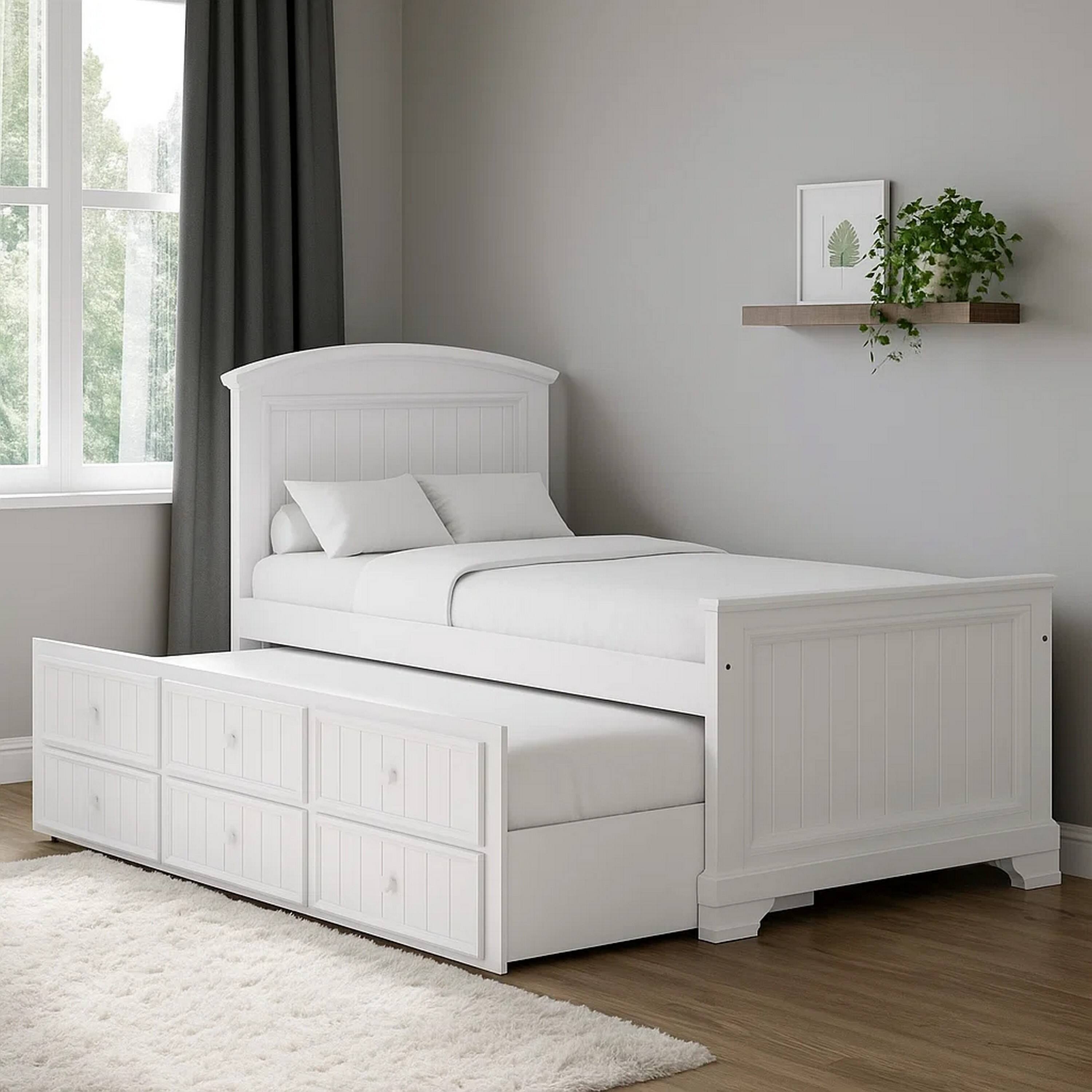 Alt View 5. Manhattan Lane - Toli Twin Captain Bed w Trundle, Drawers, White Curved Panel Headboard - White.