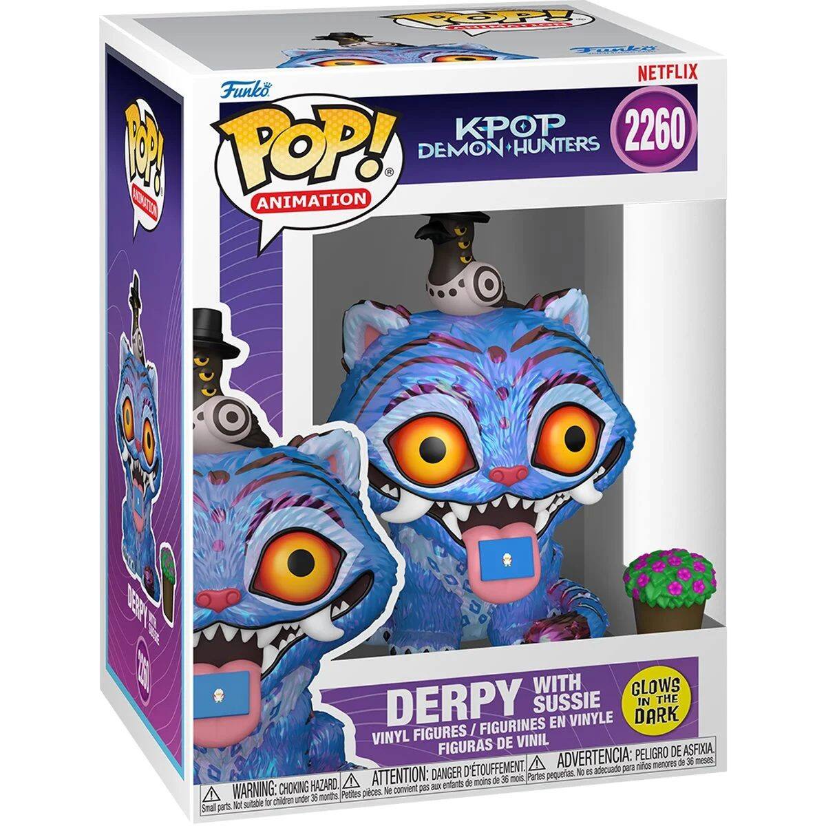 Funko POP! Animation  
KPOP Demon Hunters  
2260  

Derpy with Susie  
Figures / Figurines en Vinyle / Figuras de Vinil  
Gloves in the Dark  

Warning: Choking Hazard - Small parts. Not suitable for children under 36 months.  
Attention: Petites pièces. Ne convient pas aux enfants de moins de 36 mois.  
Advertencia: Peligro de asfixia. No es adecuado para niños menores de 36 meses.