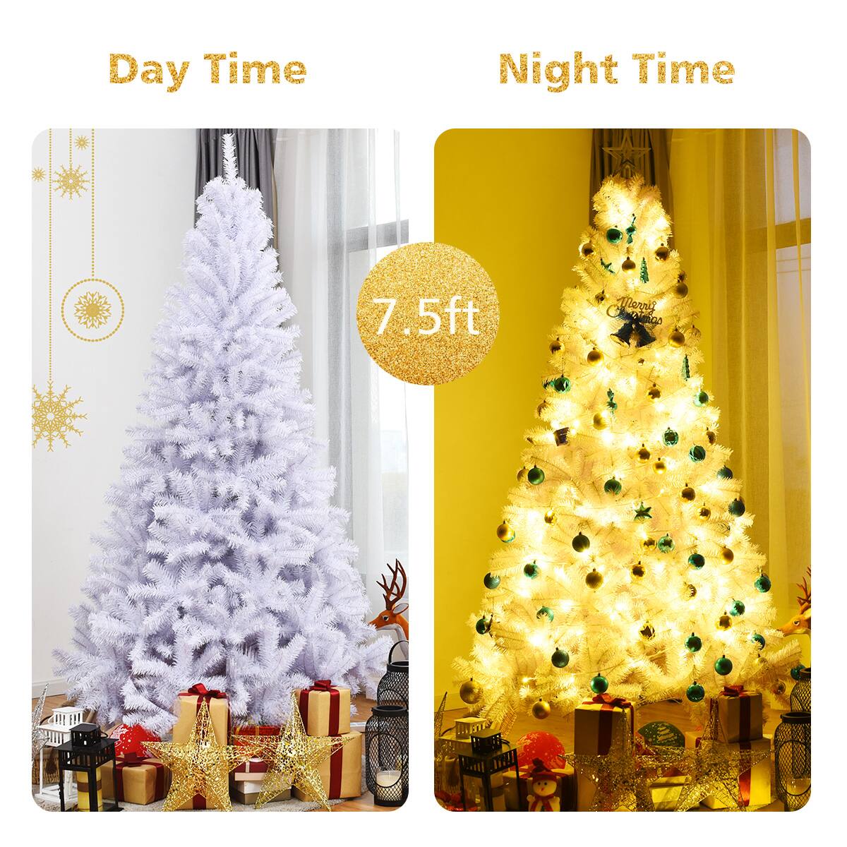 Day Time: 7.5ft Christmas Tree with Gold Tinsel and Ornaments. Night Time: 7.5ft Christmas Tree with White Lights.