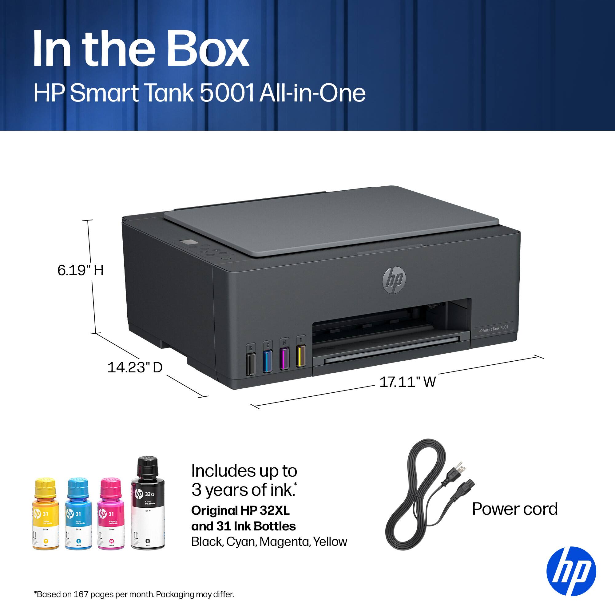 In the Box HP Smart Tank 5001 All-in-One

6.19" H
14.23" D
17.11" W

Includes up to 3 years of ink. Original HP 32XL and 31 Ink Bottles: Black, Cyan, Magenta, Yellow

Power cord

*Based on 167 pages per month. Packaging may differ.