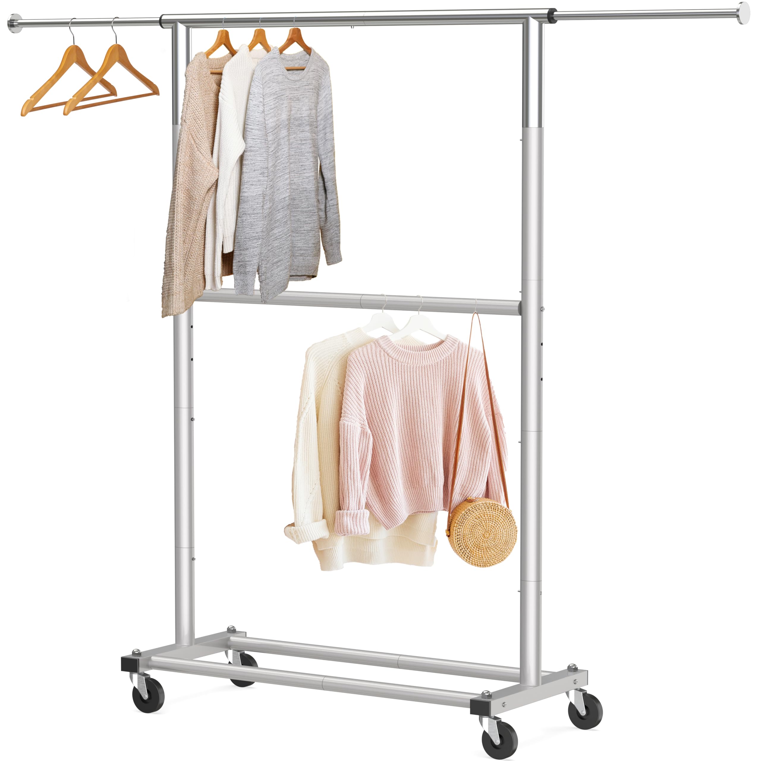 Front. Refined Abode Design - Double Rod Garment Rack - Grey.