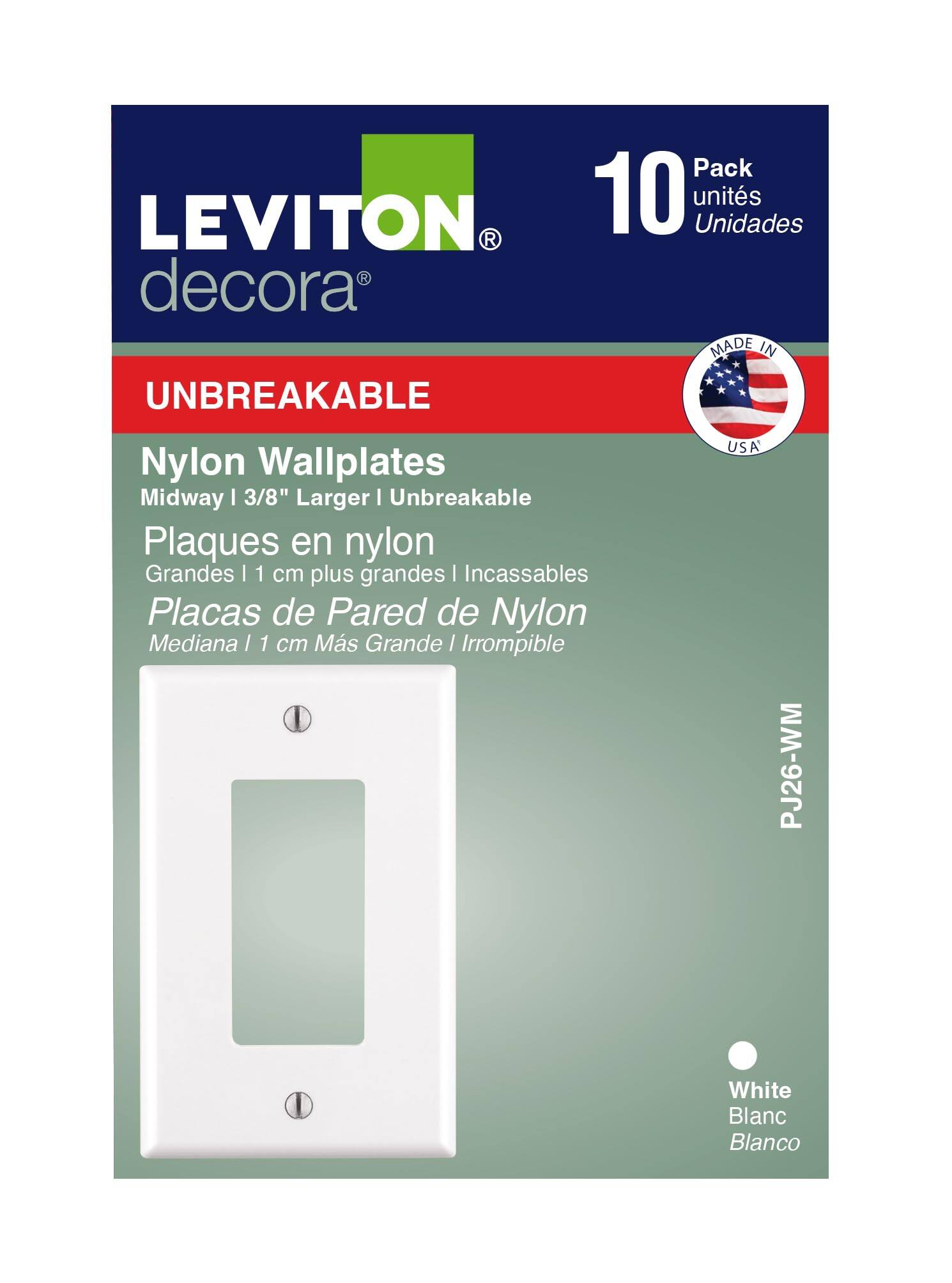 Pack LEVITON 10 units Unidades decora MADE IN UNBREAKABLE Nylon Wallplates Midway I 3/8" Larger I Unbreakable Plaques en nylon Grandes | 1 cm plus grandes I Incassables Placas de Pared de Nylon Mediana I 1 cm Más Grande I Irrompible USA PJ26-WM White Blanc Blanco