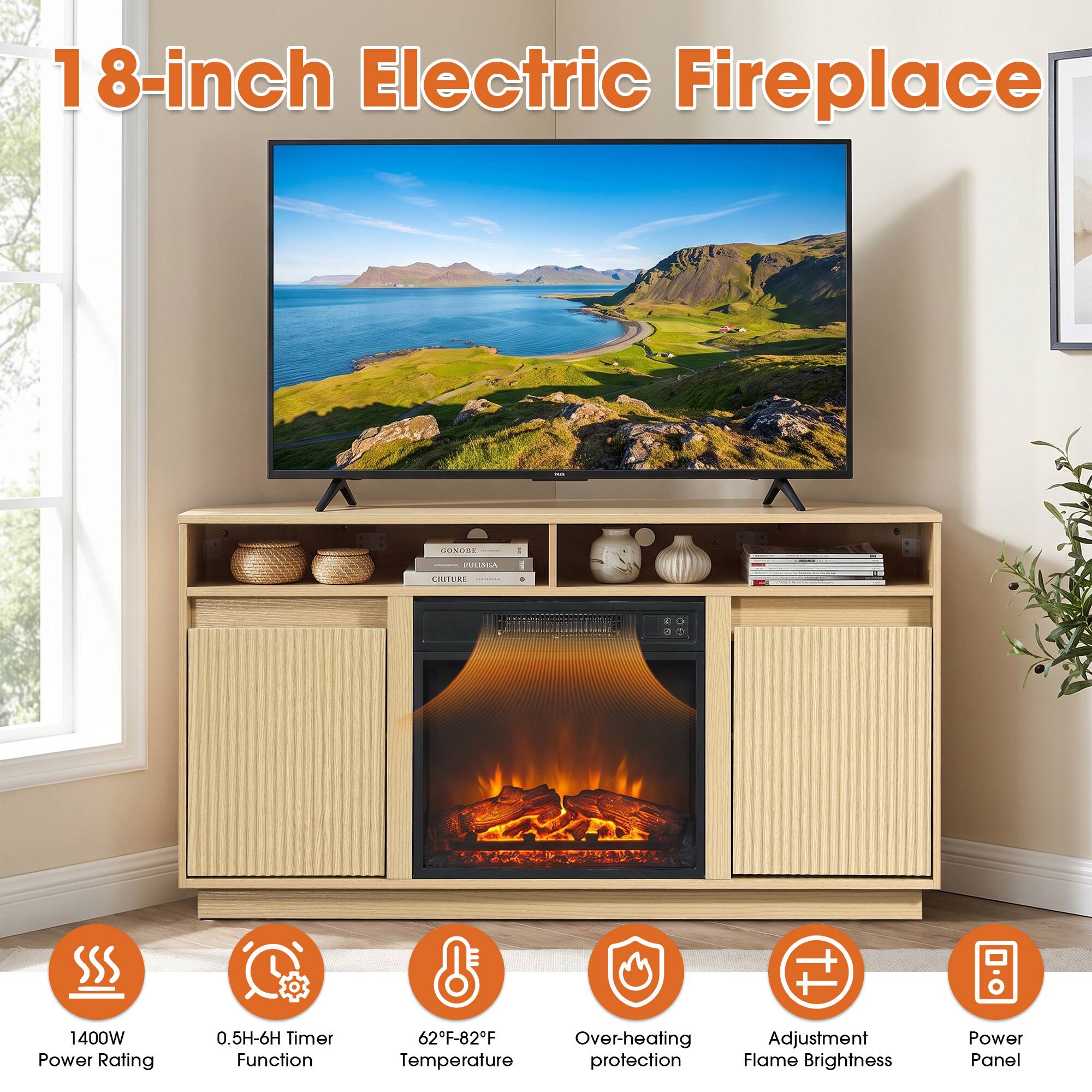18-inch Electric Fireplace

1400W Power Rating
0.5H-6H Timer Function
62°F-82°F Over-heating Temperature protection
Adjustment Flame Brightness
Power Panel