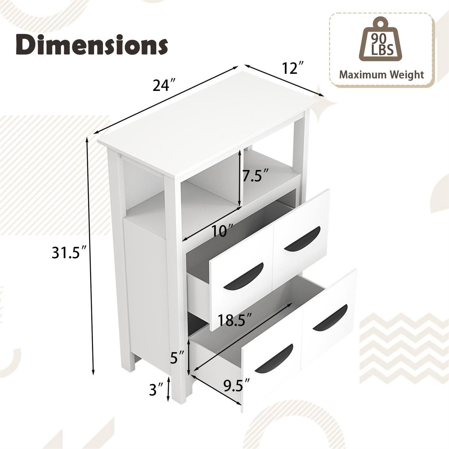Dimensions:  
- 24" (width)  
- 12" (depth)  
- 31.5" (height)  

Maximum Weight: 90 LBS  

Drawer Dimensions:  
- 7.5" (height)  
- 10" (depth)  
- 18.5" (width)  
- 9.5" (height)  

Additional Dimensions:  
- 5" (height)  
- 3" (depth)