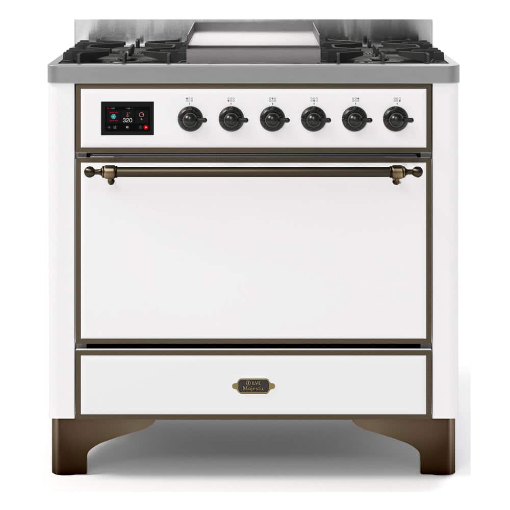 ILVE - Majestic II Series  36 in. Dual Fuel Range with 6 Sealed Burners + Griddle (Natural Gas, Burnished Trim) - White