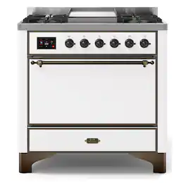 ILVE - Majestic II Series 36 in. Dual Fuel Range with 6 Sealed Burners + Griddle (Natural Gas, Burnished Trim) - White