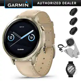 Garmin - Venu 4 Health & Fitness GPS Smartwatch 41 mm + Charging Dock Accessory Bundle - Lunar Gold|Bone Silicone, Light Sand Leather Bands - (2025)