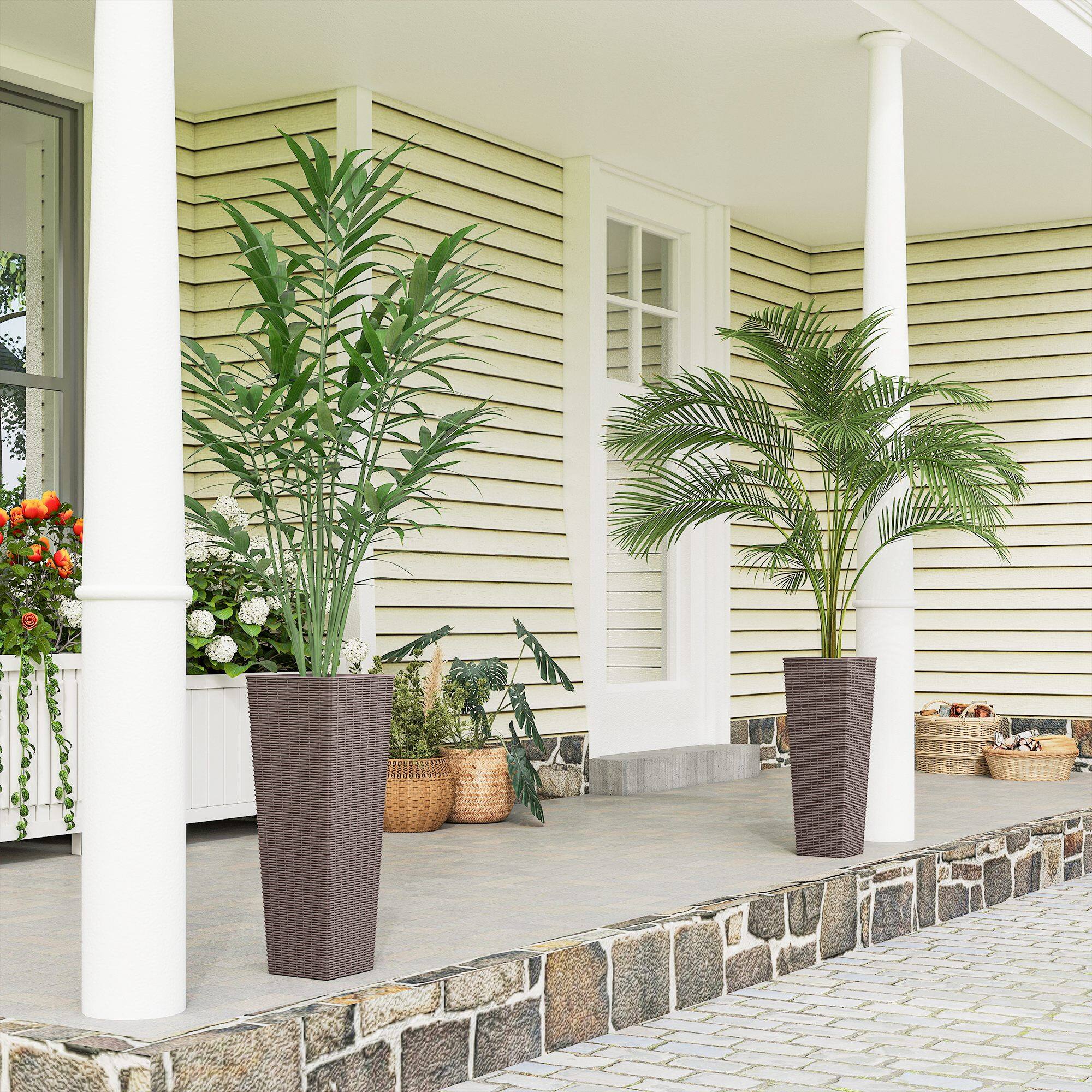 Alt View 1. Outsunny - 23.6 Inch Tall Planters for Outdoor Plants, Set of 2 Plastic Rattan-Like Flower Pots with Drainage Holes.