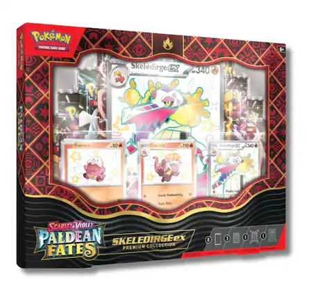 Pokémon Trading Card Game 6+ Stagle Skeledirge Avoies froo Copcalor HP 340 P TR TH E O AME TAR Fuecoco -80 A Crocalor -110 SkeledirgeGl -340 30 dar 20 attack B Po co Steady Firebreathing 30 Hyper Voice Vicality See SEARLET & VIDLET PALDEAN SKELEDIRGEex PREMIUM COLLECTION 8 FATES INCLUDES: sE 3 1 1
