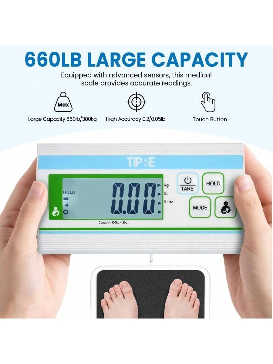 660LB LARGE CAPACITY

Equipped with advanced sensors, this medical scale provides accurate readings.

- Large Capacity 660lb/300kg
- High Accuracy 0.2/0.05lb
- Touch Button

HOLD TARE MODE

Capacity: 300kg x 20g