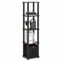 Furinno - TURN-N-TUBE Book Shelf, 5-Tier Square Open Frame Display Shelf, Corner Storage Shelves with Storage Bin, Shelving Unit - Amber Pine/Black/Black