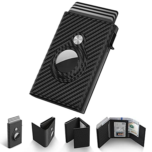 Vulpecula Spade - Mens Smart Wallet Card Holder for AirTag: Leather, Compatible with Apple Air Tag, RFID Blocking, Slim, Carbon Fiber - Carbon Fiber Black