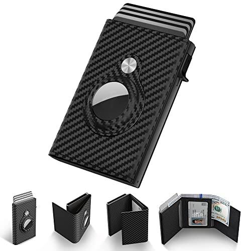Front. Vulpecula Spade - Mens Smart Wallet Card Holder for AirTag: Leather, Compatible with Apple Air Tag, RFID Blocking, Slim, Carbon Fiber, - Carbon Fiber Black.