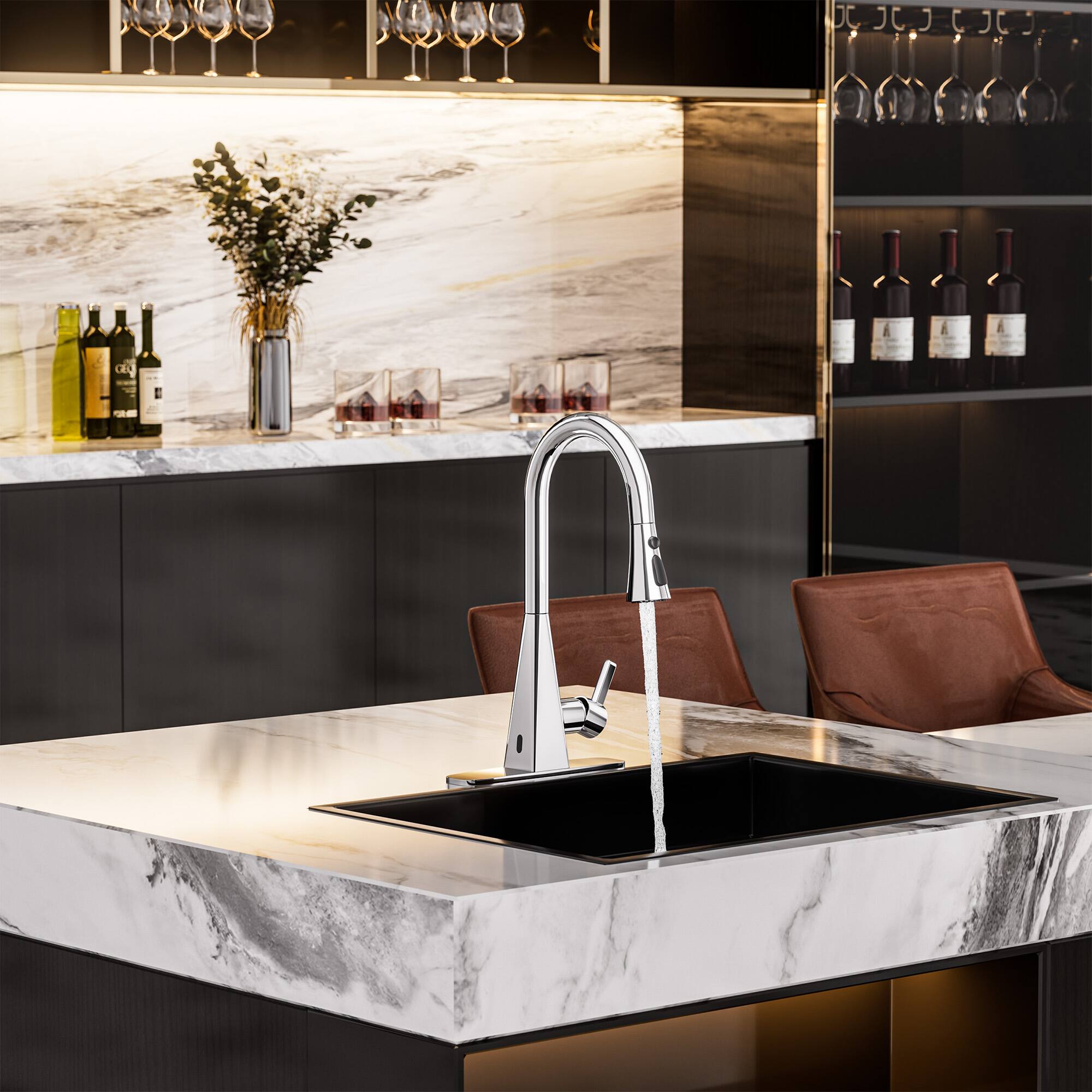 Angle. Mondawe - Dual-Sensor Touchless Pull-Down Kitchen Faucet with 3-Function Sprayer - Chrome.